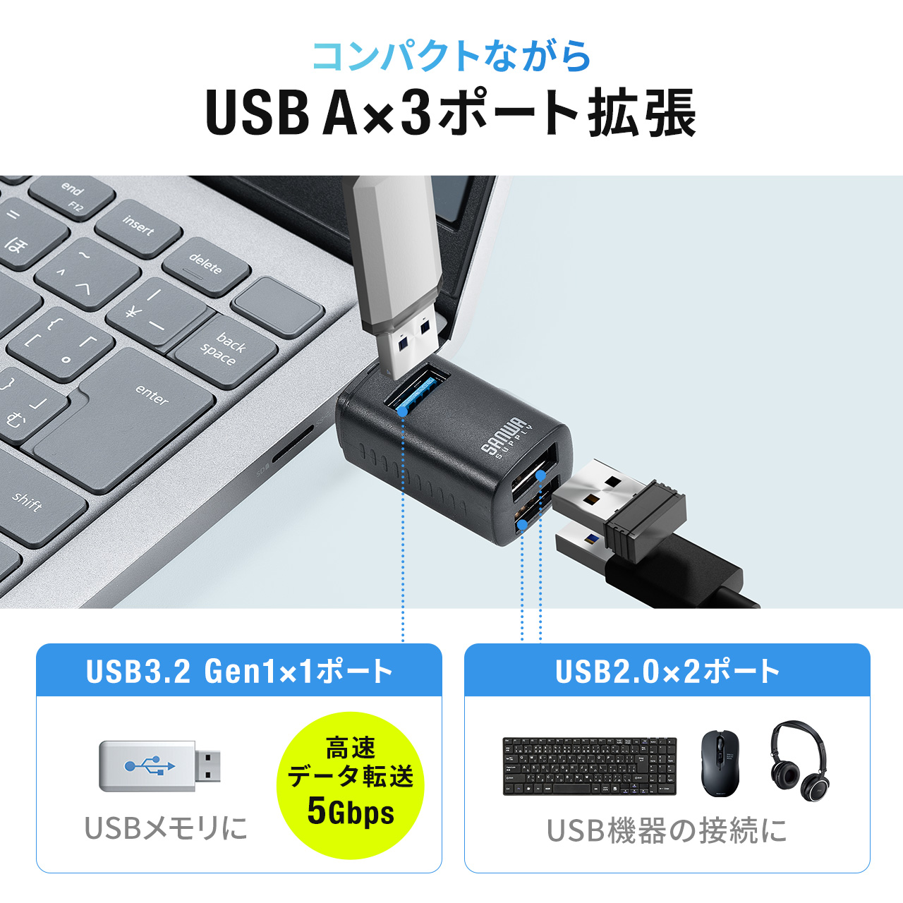 USBハブ 3ポート コンパクト 小型 USB A USB3.0/USB2.0 コンボハブ 軽量 軽い バスパワー 持ち運び ポート 増設 拡張 直差し 400-HUBA17BK｜sanwadirect｜05