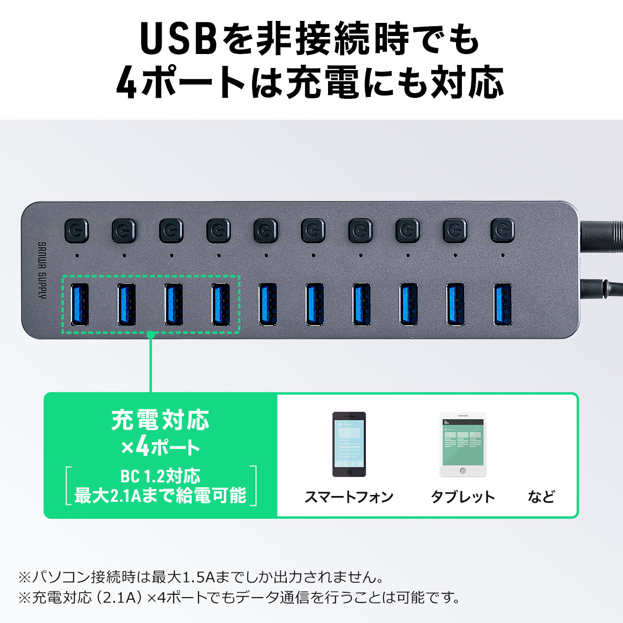 USBハブ 10ポート ACアダプタ付 セルフパワー USB 充電器 個別スイッチ付 スマホ iPhone タブレット iPad 充電 高速 データ転送 USB3.2 400-HUBA23GM｜sanwadirect｜07