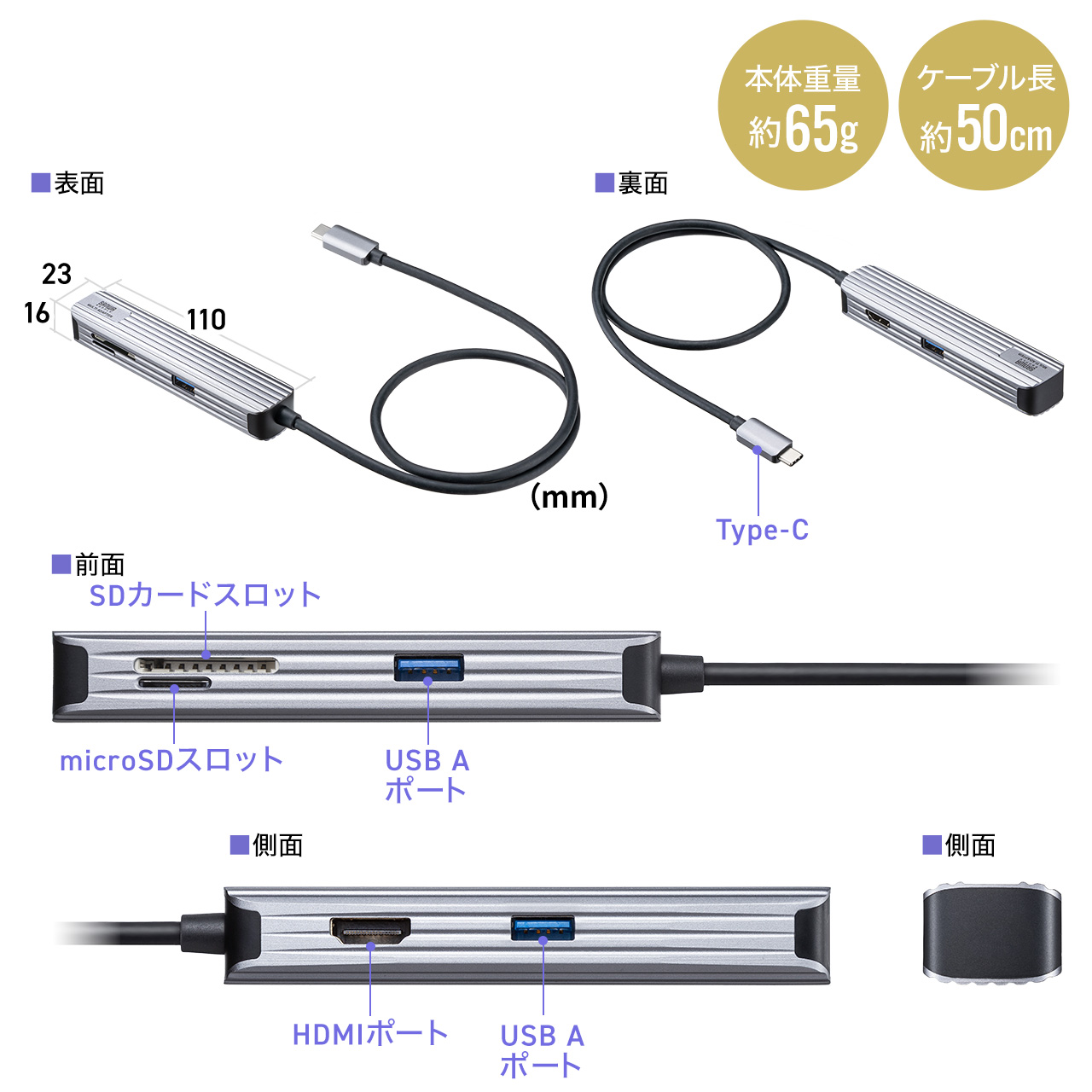 ドッキングステーション USB Type-C ハブ USBハブ HDMI 4K/60Hz SDカード microSDカード 拡張 増設 カードリーダー 小型 アルミ ケーブル長50cm 400-HUBC10GM｜sanwadirect｜14