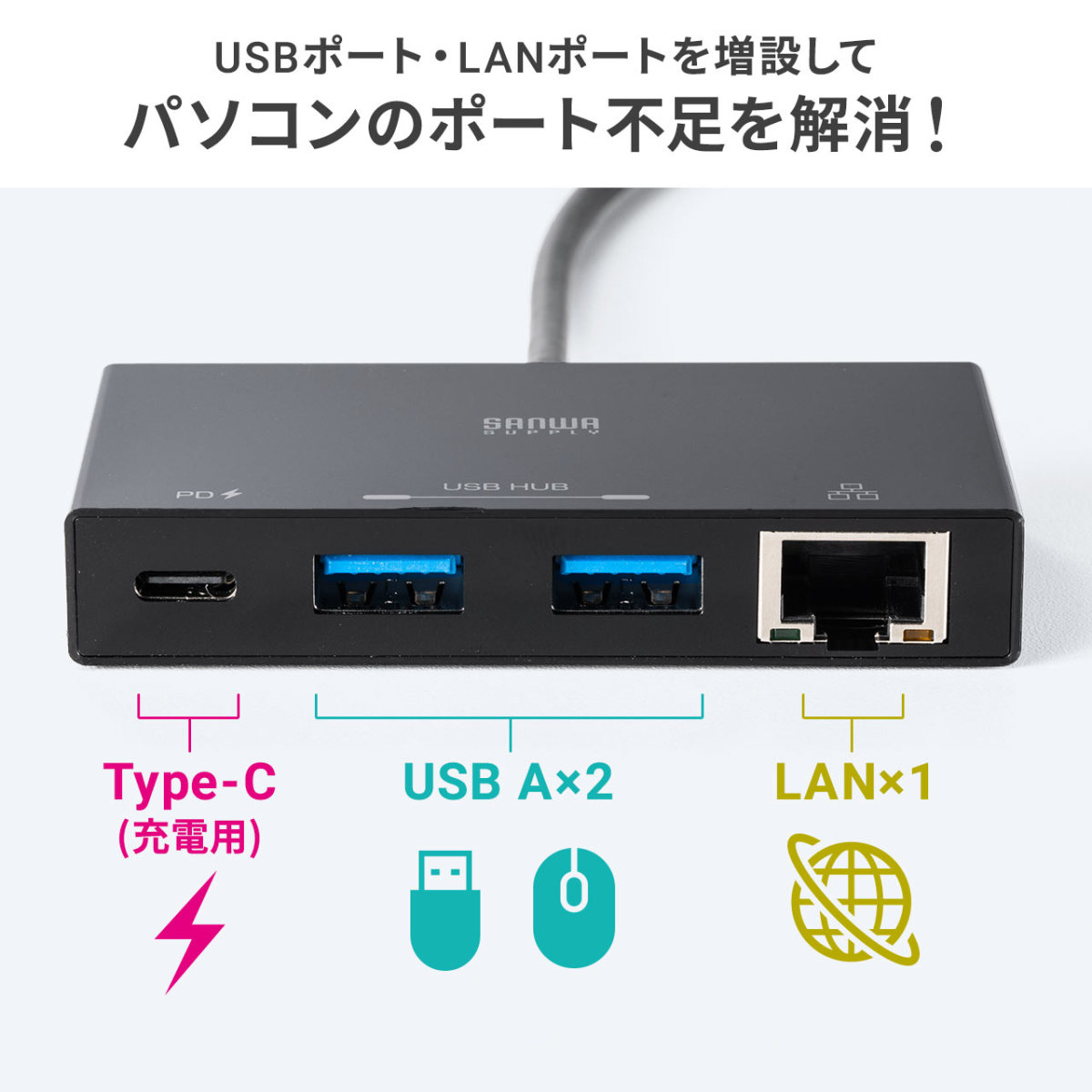 USBハブ Type-C LAN 変換 USB3.2 Gen1 ハブ付き 高速通信 USB 2ポート LANポート 増設 コンパクト 面 ...