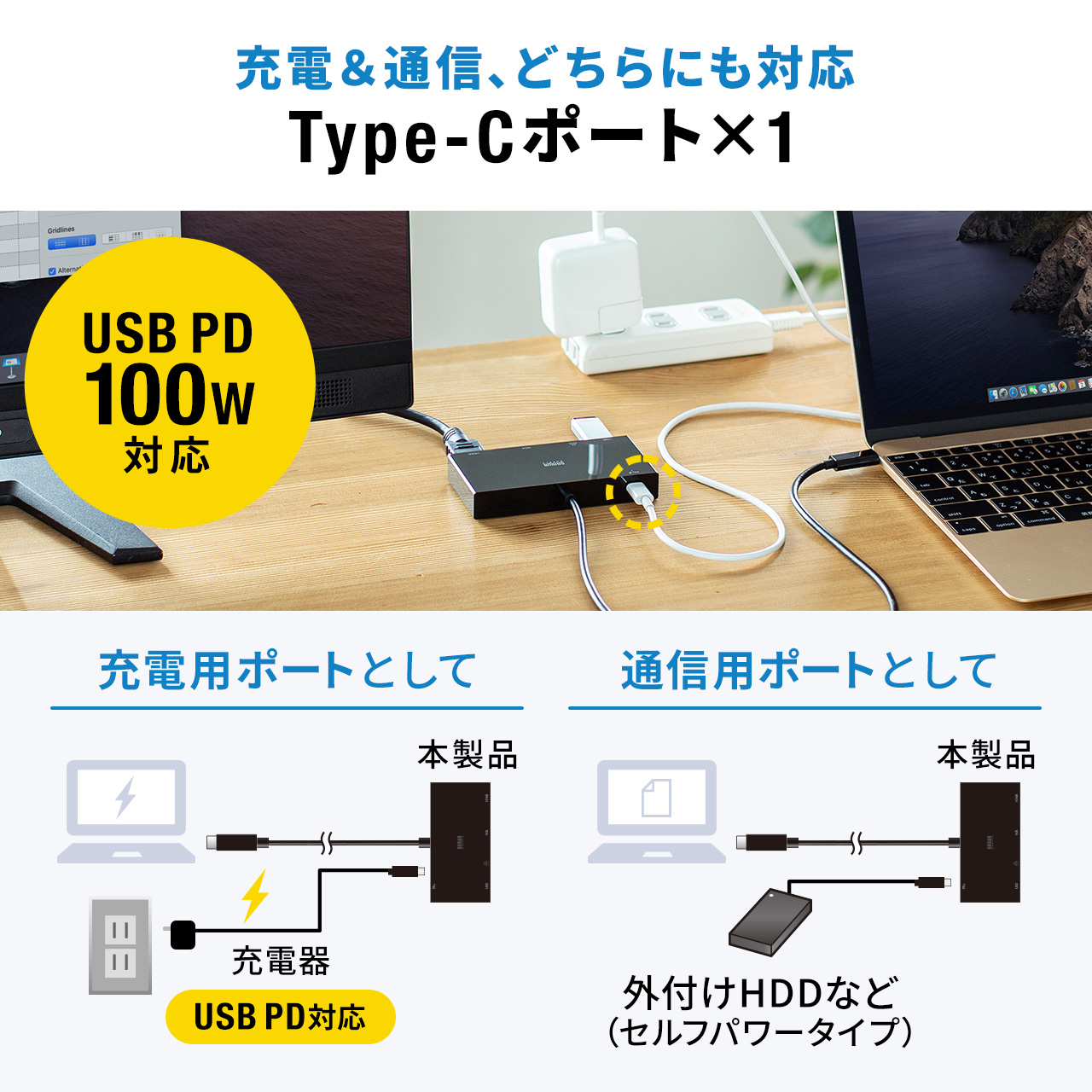 ドッキングステーション USB Type-C モバイル HDMI VGA 同時出力 PD100W LAN イーサネット USB3.1Gen1  ケーブル長50cm ポート 拡張 増設 追加 400-HUBC7BK