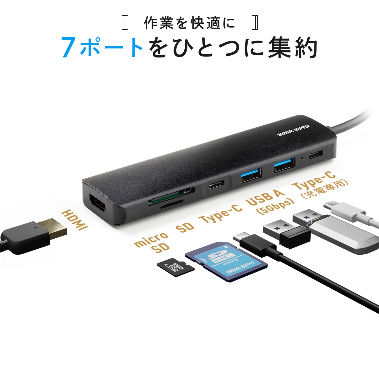 ドッキングステーション USB Type-C USB-C HDMI 4K L型 L字 コネクタ アダプタ USB PD100W カードリーダー ケーブル長20cm モバイル 400-HUBCP20BK｜sanwadirect｜04