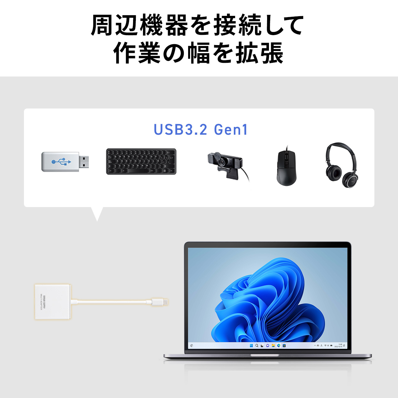 USB HDMI 変換 4K アダプタ USBハブ USB3.0 ディスプレイ モニター 液晶 増設 追加 拡張 HDMI出力 電源不要 PD充電対応 薄型 コンパクト 400-HUBCP21W｜sanwadirect｜06