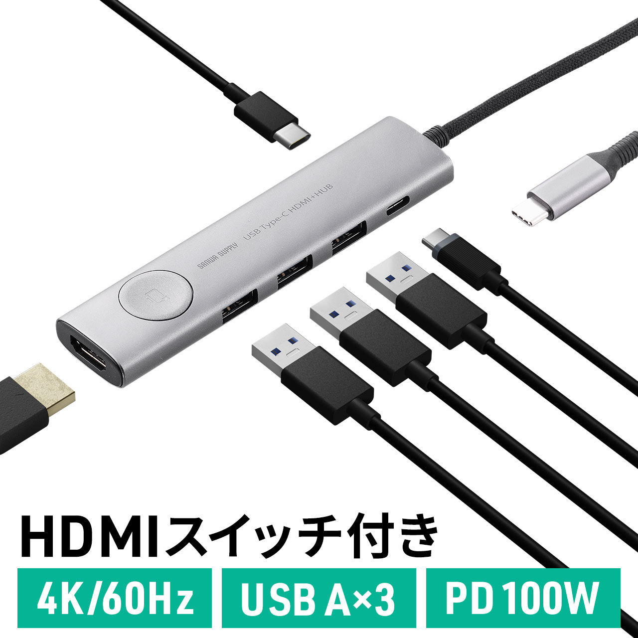 ドッキングステーション USB Type-C 画面ON/OFF スイッチ付き HDMI 4K/60Hz USB PD100W対応 USB 5Gbps ケーブル一体型 持ち運び 400-HUBCP30GM｜sanwadirect