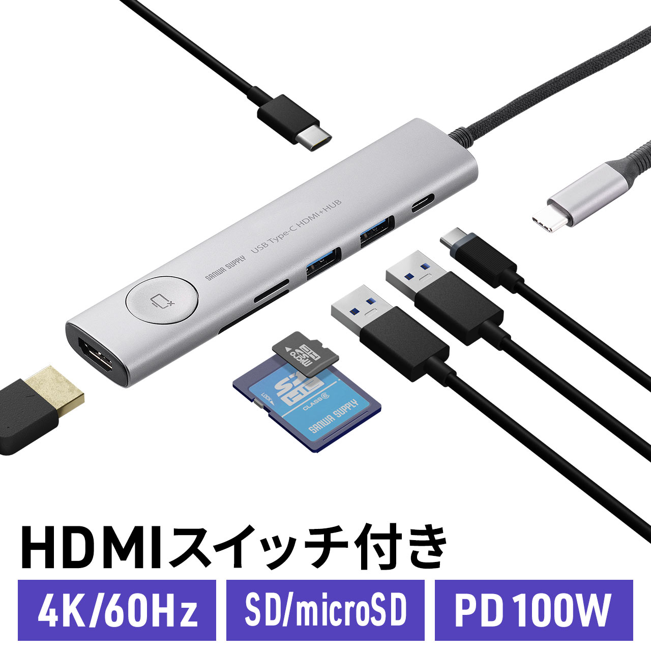 ドッキングステーション USB Type-C 画面ON/OFF スイッチ付き HDMI 4K/60Hz USB PD100W対応 USB 5Gbps  カードリーダー ケーブル一体型 400-HUBCP31GM : 400-hubcp31gm : サンワダイレクト - 通販 - Yahoo!ショッピング