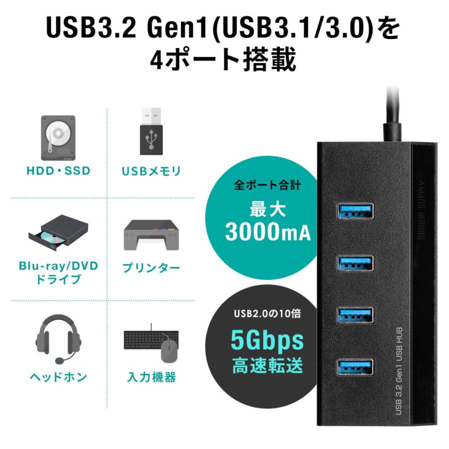USBハブ 5ポート USB3.2 Gen1 充電ポート付き セルフパワー バスパワー 電源付き Type-C タイプC USB-C 変換 アダプタ付き 1.2ｍ ケーブル 400-HUBS098BK｜sanwadirect｜05