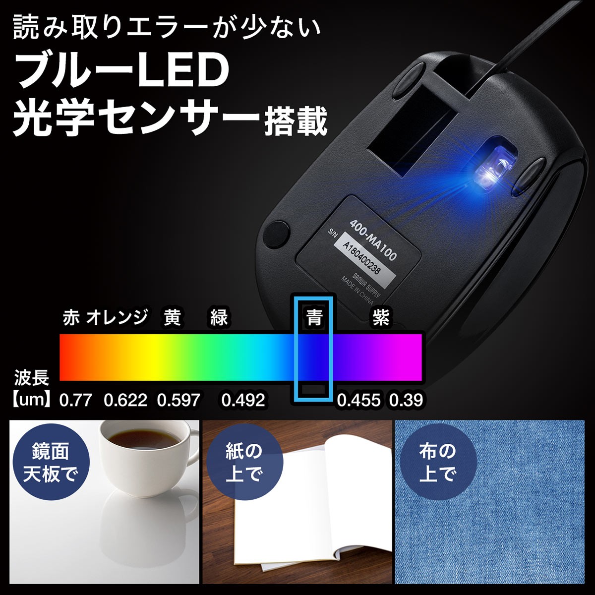 マウス 巻取り 巻き取り 有線 USB Type-c ケーブル ブルーLED 小型 スマホ Android 3ボタン 400-MA100｜sanwadirect｜10