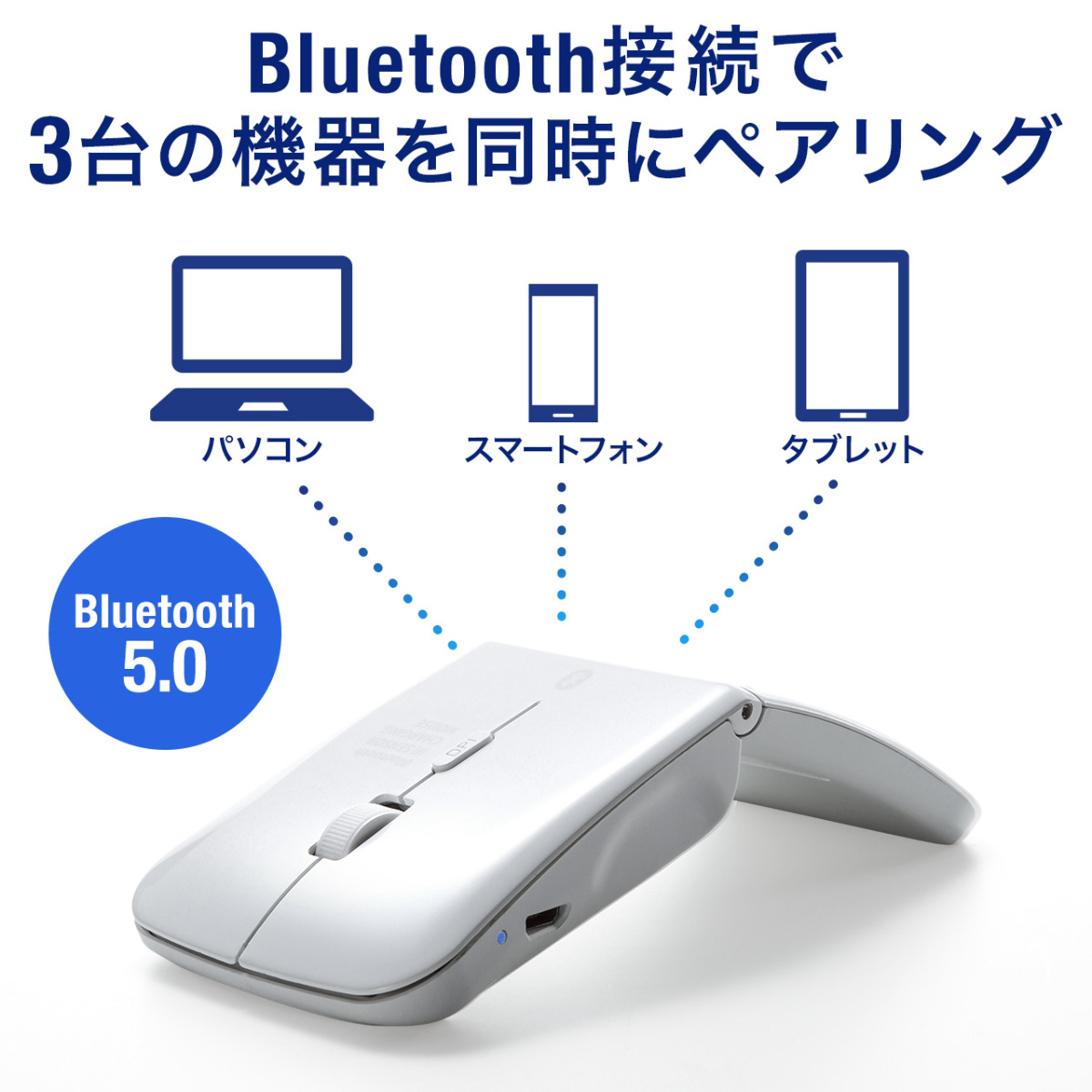 マウス ワイヤレスマウス 無線 ブルートゥース 充電式 マルチペアリング 折りたたみ 3ボタン Bluetooth 400-MA120W