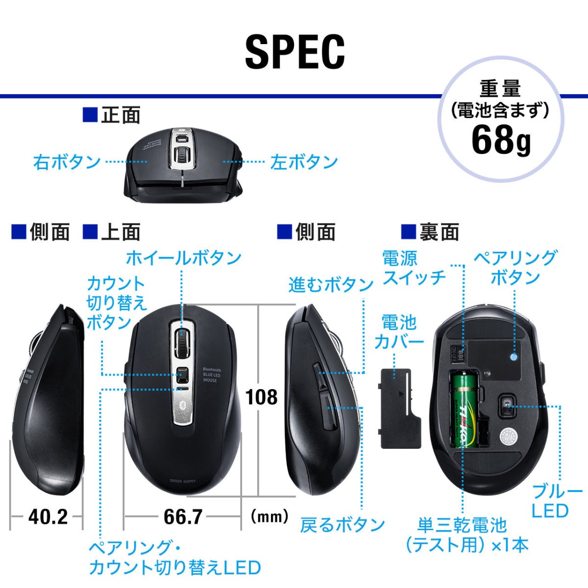 マウス 無線 ワイヤレスマウス Bluetooth 静音 ブルーLEDセンサー 5ボタン 400-MA125BK｜sanwadirect｜14