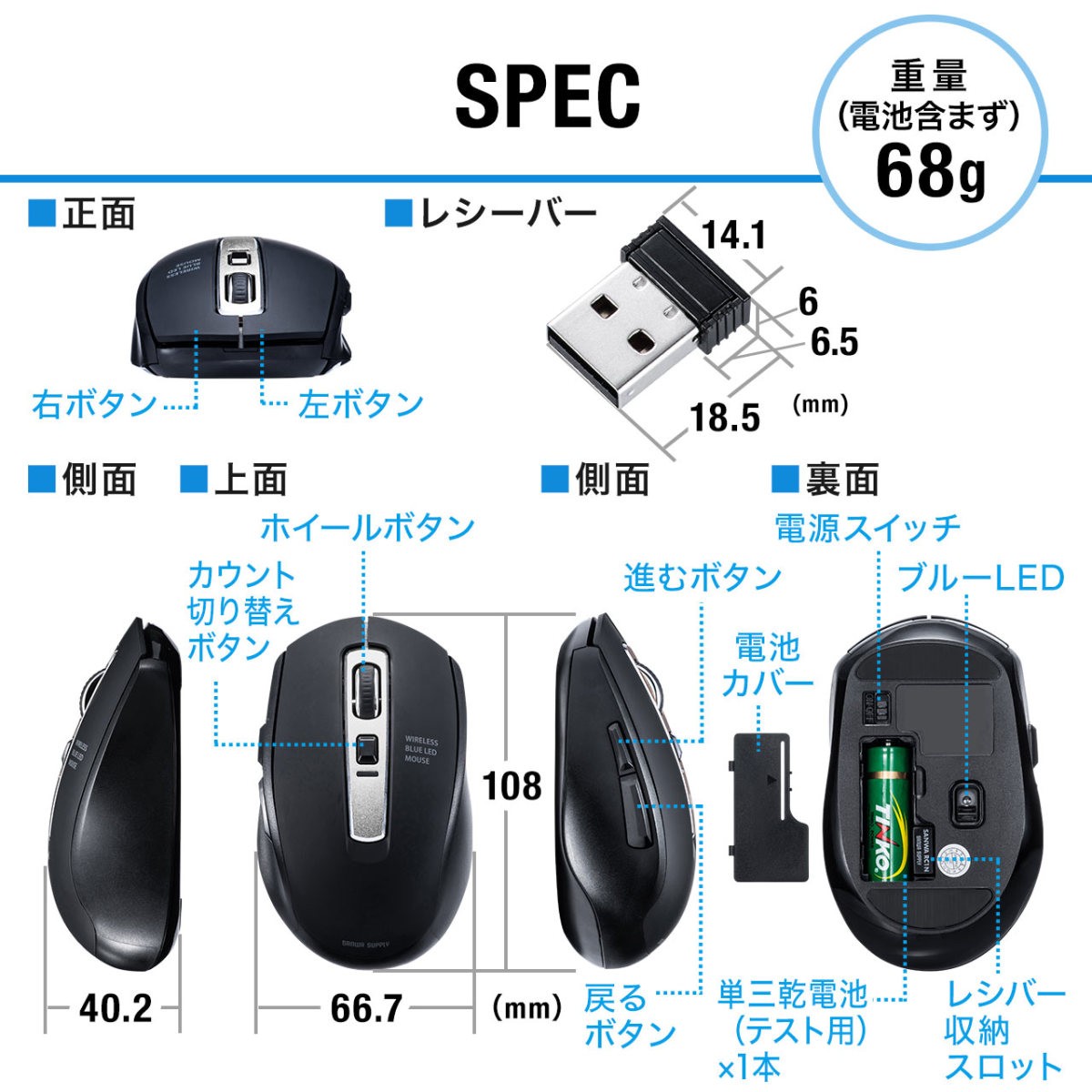 マウス ワイヤレスマウス 静音 無線 ワイヤレス ブルーLEDセンサー 5ボタン カウント切り替え800/1200/1600 400-MA126BK｜sanwadirect｜14