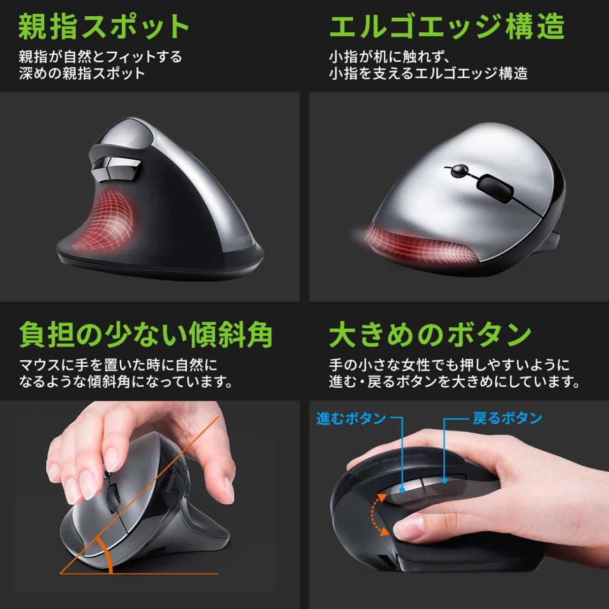 エルゴノミクスマウス 無線 充電式 ワイヤレスマウス エルゴ ブルーLED 5ボタン 戻る進む 静音 縦型 手首 負担軽減 腱鞘炎防止 400-MA127 関連画像5