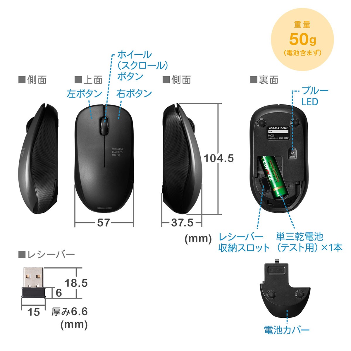 ワイヤレスマウス コンパクトマウス ブルーLED 3ボタン 左右対称 1200カウント レシーバー収納 電池式 400-MA136｜sanwadirect｜14