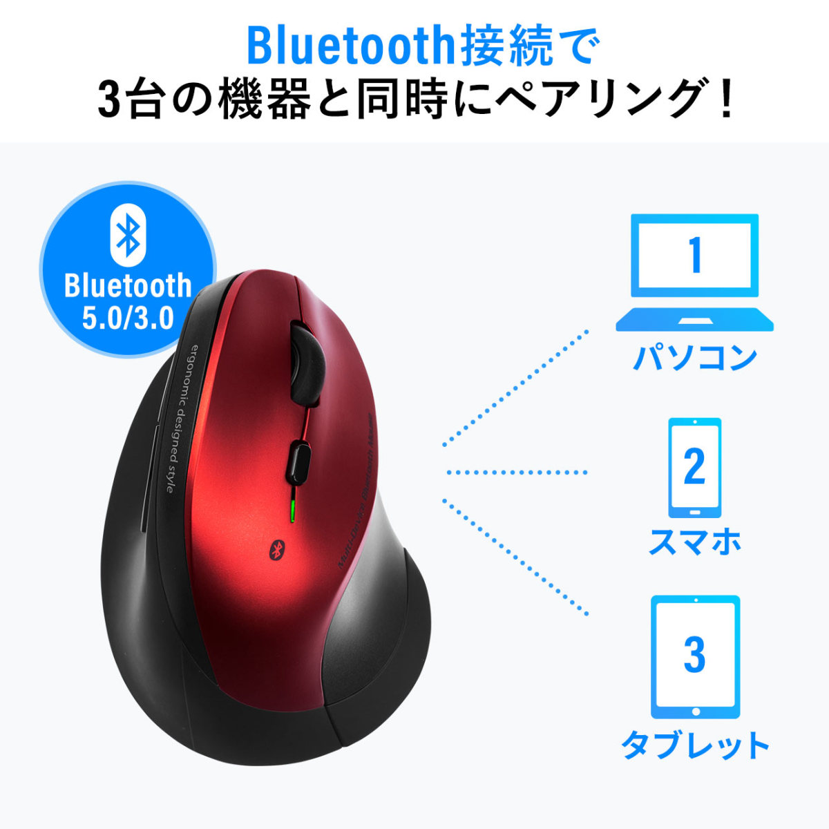マウス Bluetooth ワイヤレス 無線 静音 エルゴノミクス 腱鞘炎防止 マルチペアリング カウント切り替え 縦型 400-MABT102