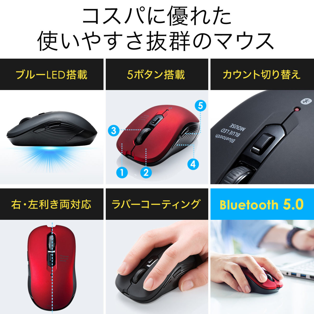マウス Bluetoothマウス ワイヤレスマウス ブルーLEDセンサー 無線 5ボタン カウント切り替え iPadOS対応 400-MABT158 関連画像3