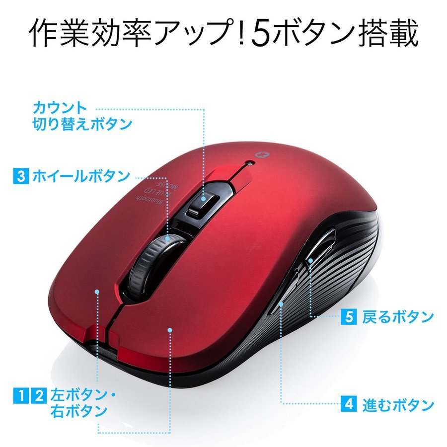 マウス Bluetoothマウス ワイヤレスマウス ブルーLEDセンサー 無線 5ボタン カウント切り替え iPadOS対応 400-MABT158