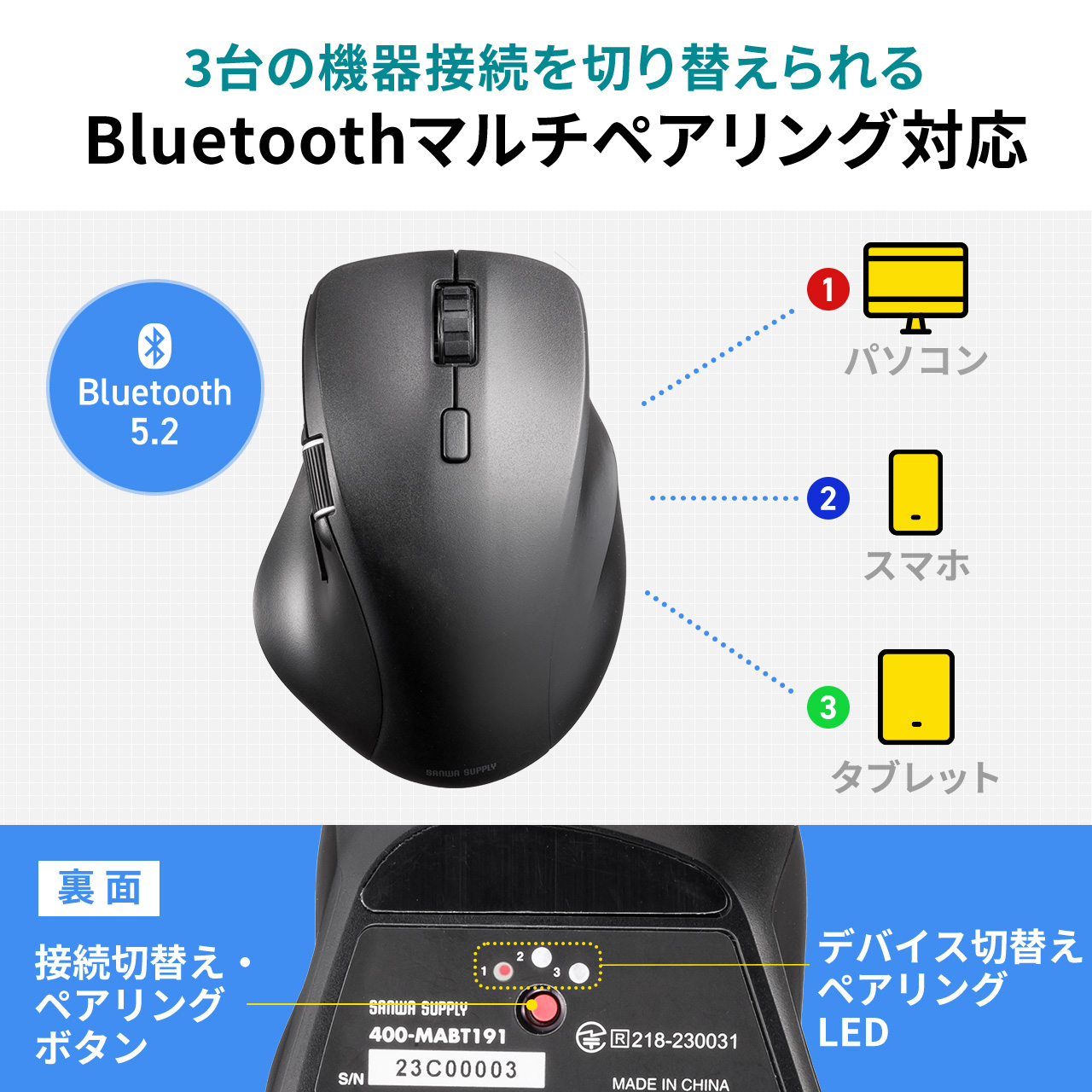 Bluetoothマウス 横スクロール サイドホイール マルチペアリング 充電式 静音 無線 ワイヤレス DPI切替 400-MABT191｜sanwadirect｜07
