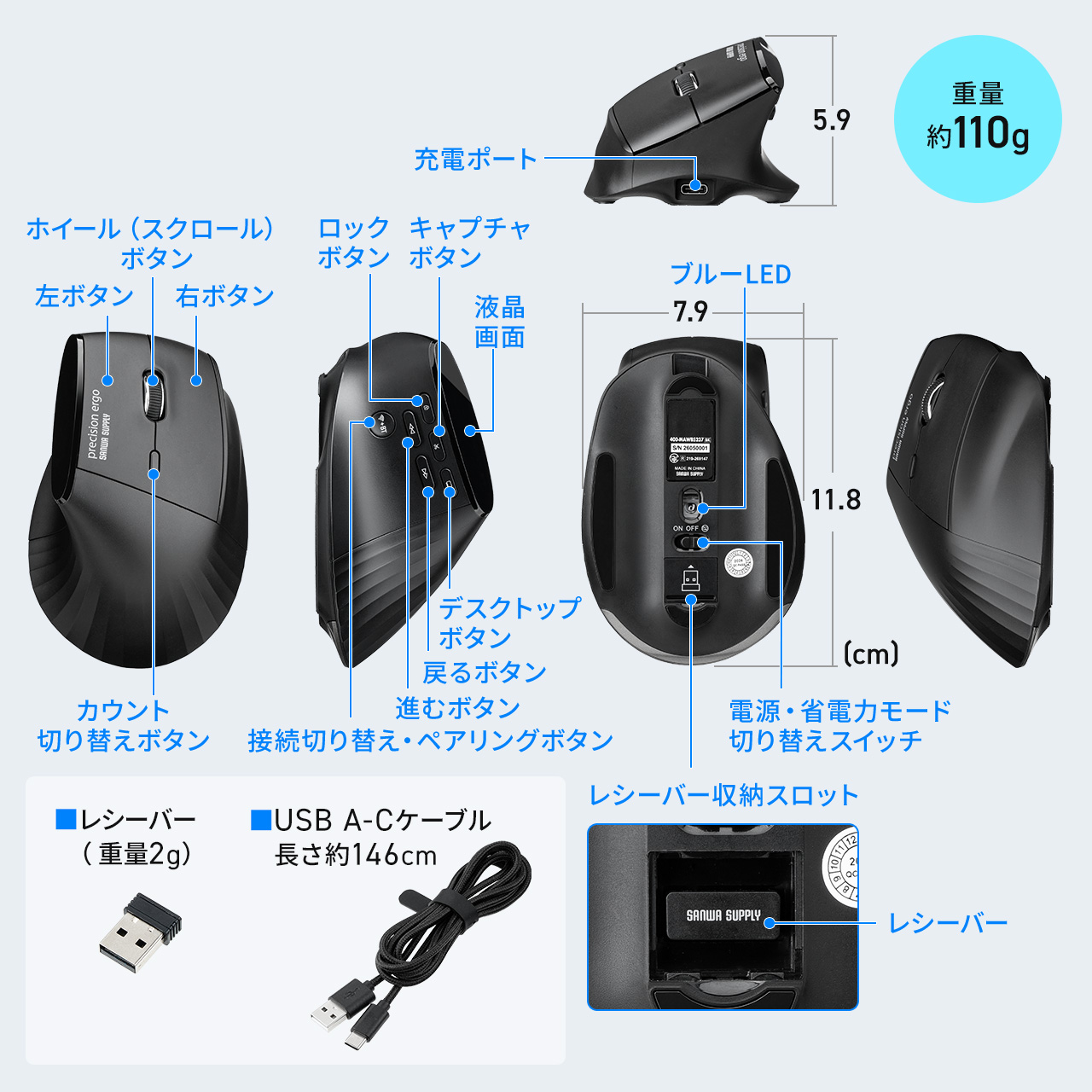 SANWA SUPPLY（サンワサプライ） ワイヤレスマウス エルゴノミクス 8