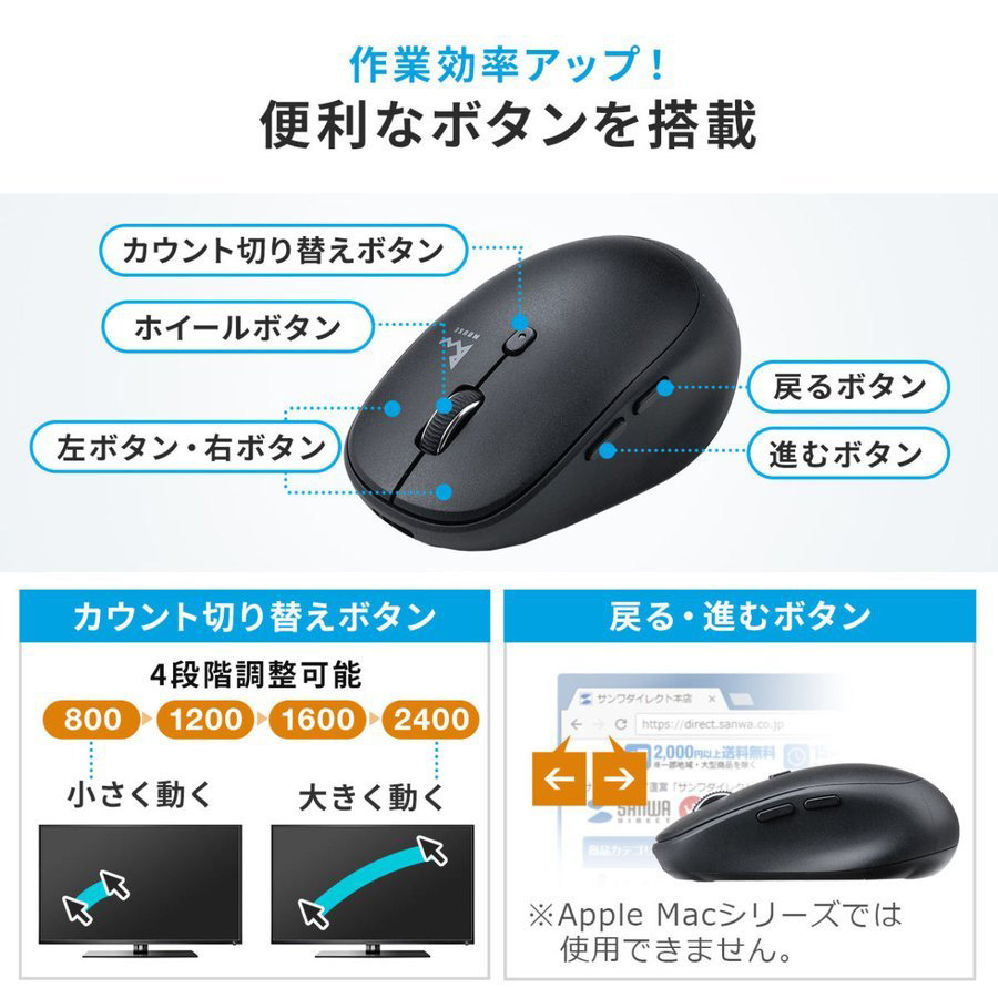 マウス Bluetoothマウス ワイヤレスマウス 無線 充電式 静音 軽量 コンボマウス Type-C Type-A スマホスタンド付き ポーチ付き 400-MAWBT172BK｜sanwadirect｜10