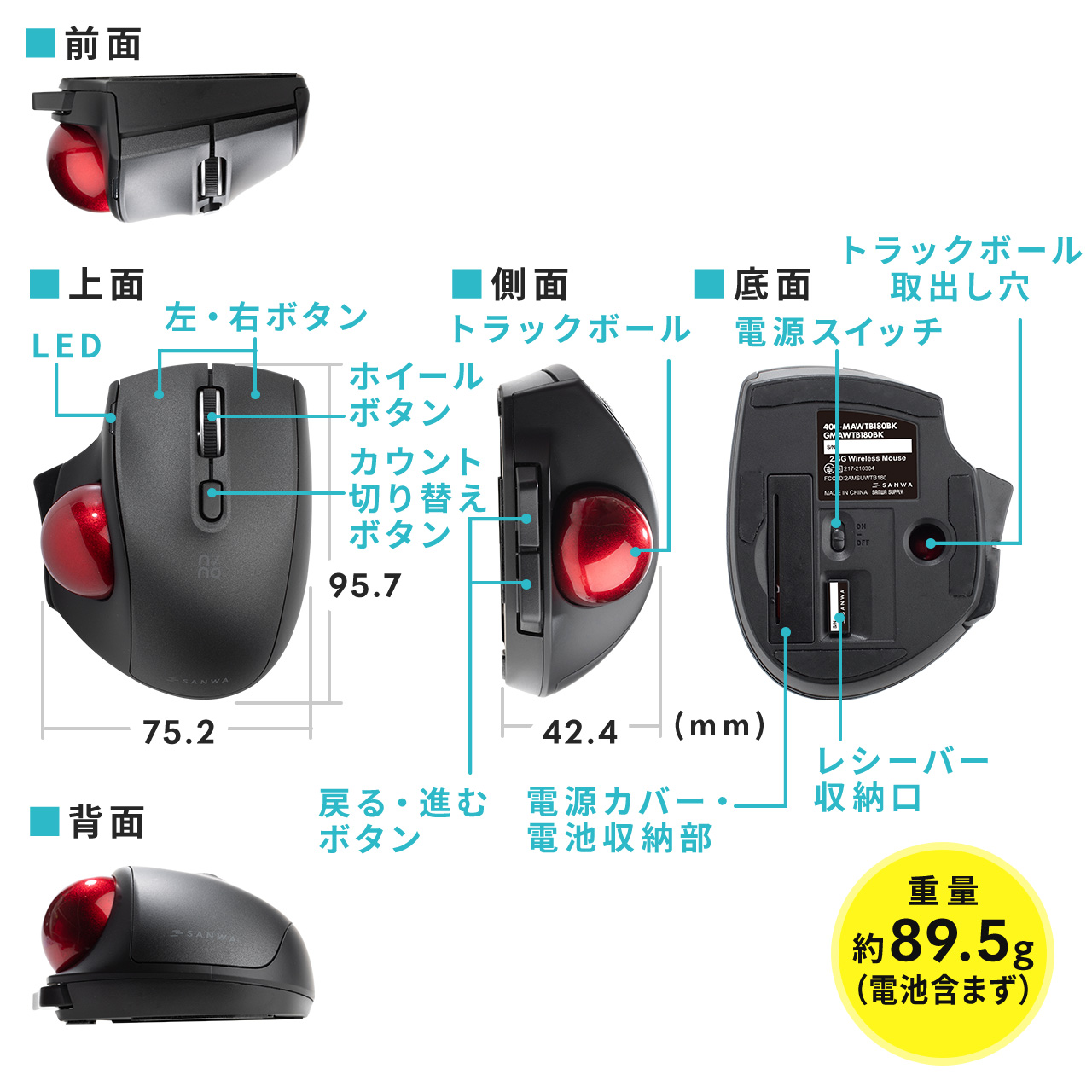 トラックボール マウス 小型 ワイヤレス 無線 2.4GHz Type-A 静音ボタン エルゴノミクス 親指操作 レーザー コンパクト 5ボタン nino ニノ 400-MAWTB180｜sanwadirect｜20