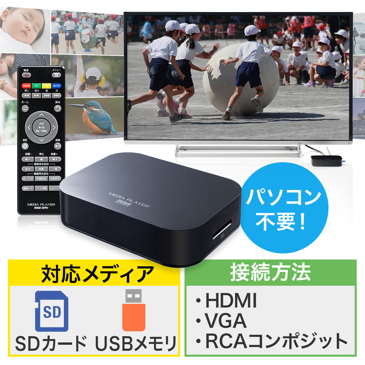 メディアプレーヤー SDカード USBメモリ テレビで見る 動画 写真 音楽 HDMI VGA RCA 対応 400-MEDI022