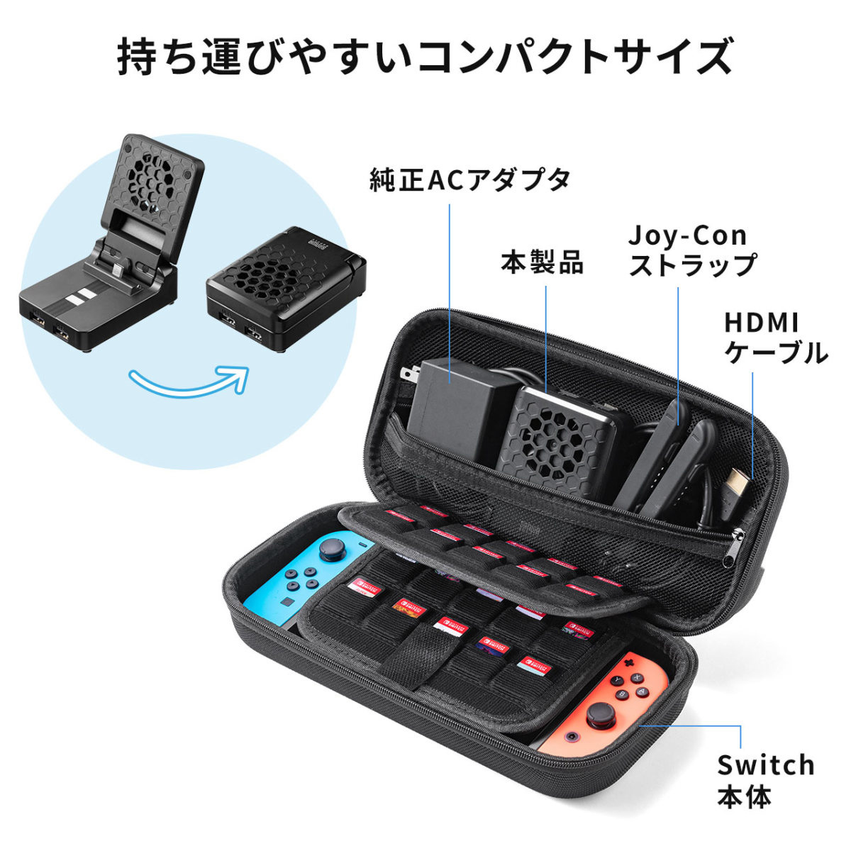 Nintendo Switch 充電 スタンド 折りたたみ ニンテンドー Switchドッグ 冷却ファン 静音 USBハブ HDMI出力 軽量 コンパクト 有機ELモデル対応 400-NSW011BK｜sanwadirect｜08