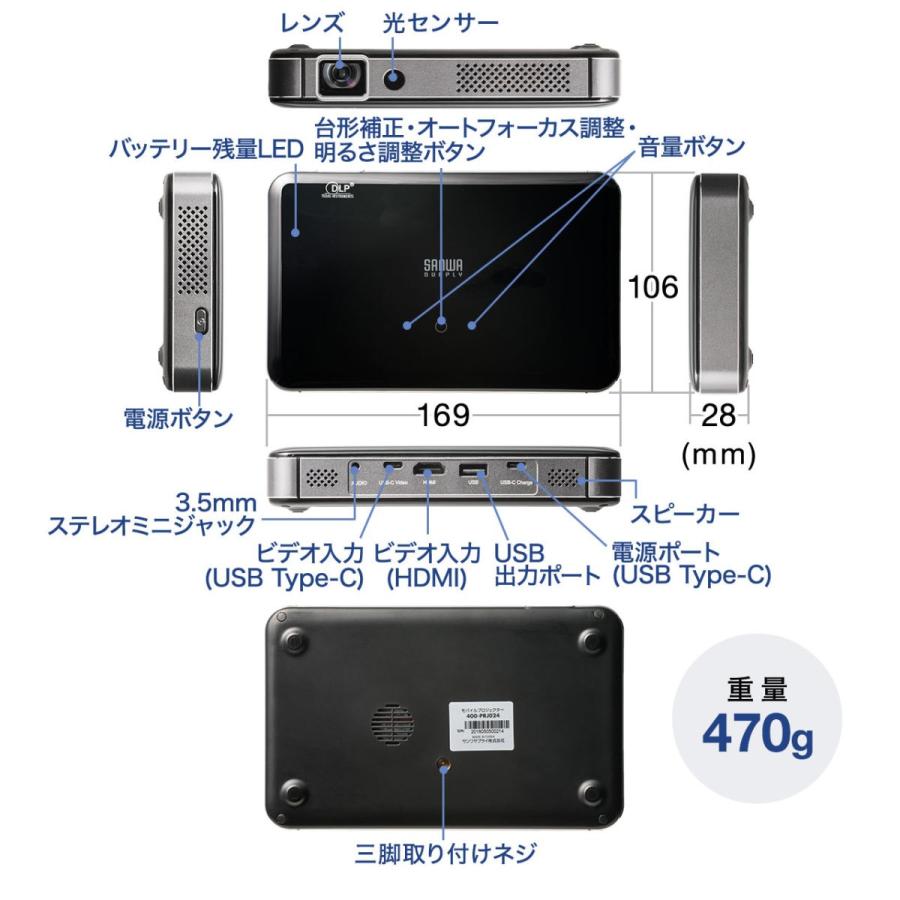 プロジェクター 小型 ポータブル HDMI USB Type-C・HDMI搭載 モバイル コンパクト ミニプロジェクター 400-PRJ024｜sanwadirect｜18