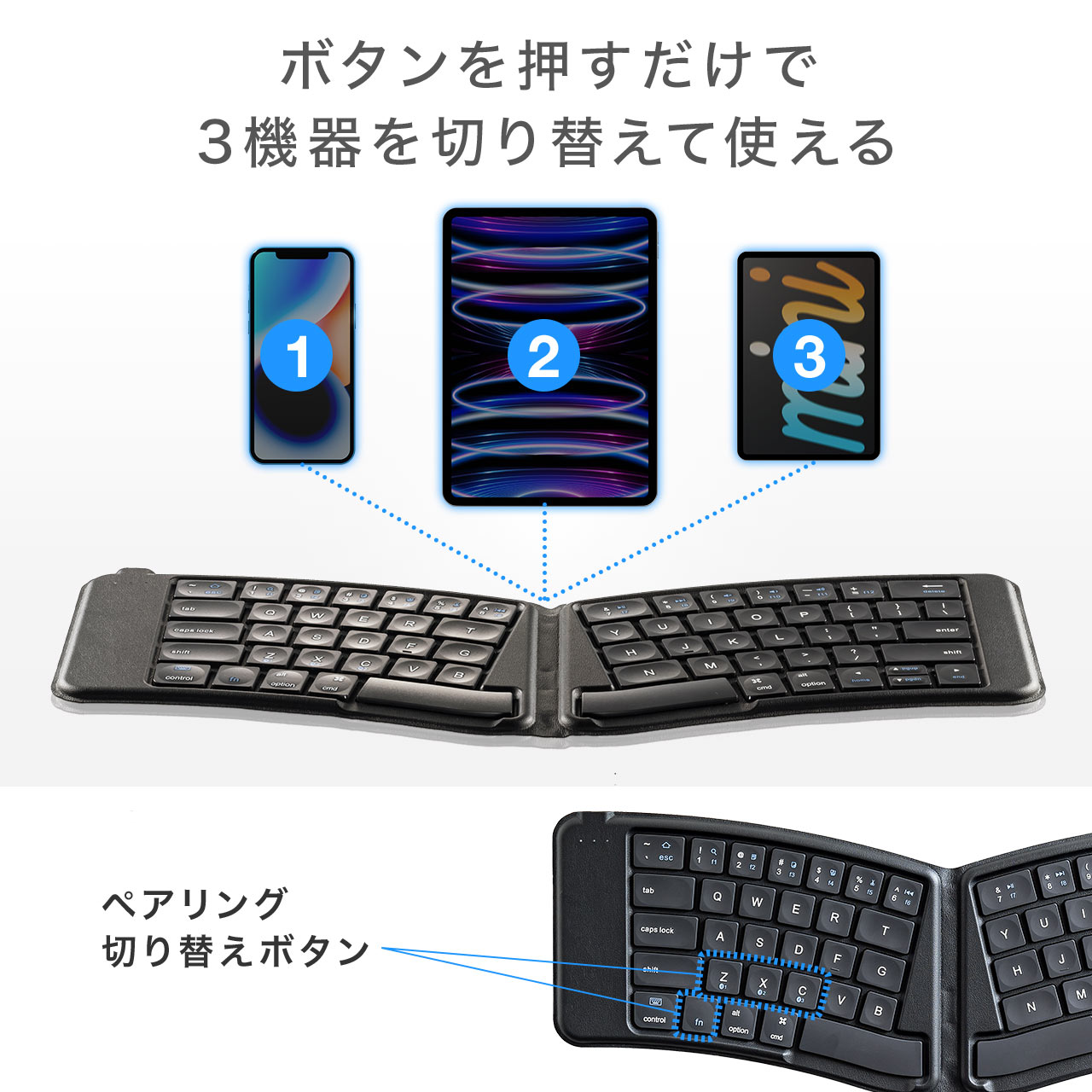 ワイヤレスキーボード Bluetooth キーボード iPad対応 無線 エルゴデザイン 英字配列 Bluetooth5.1 充電式 iPhone 折りたたみキーボード  400-SKB076｜sanwadirect｜09