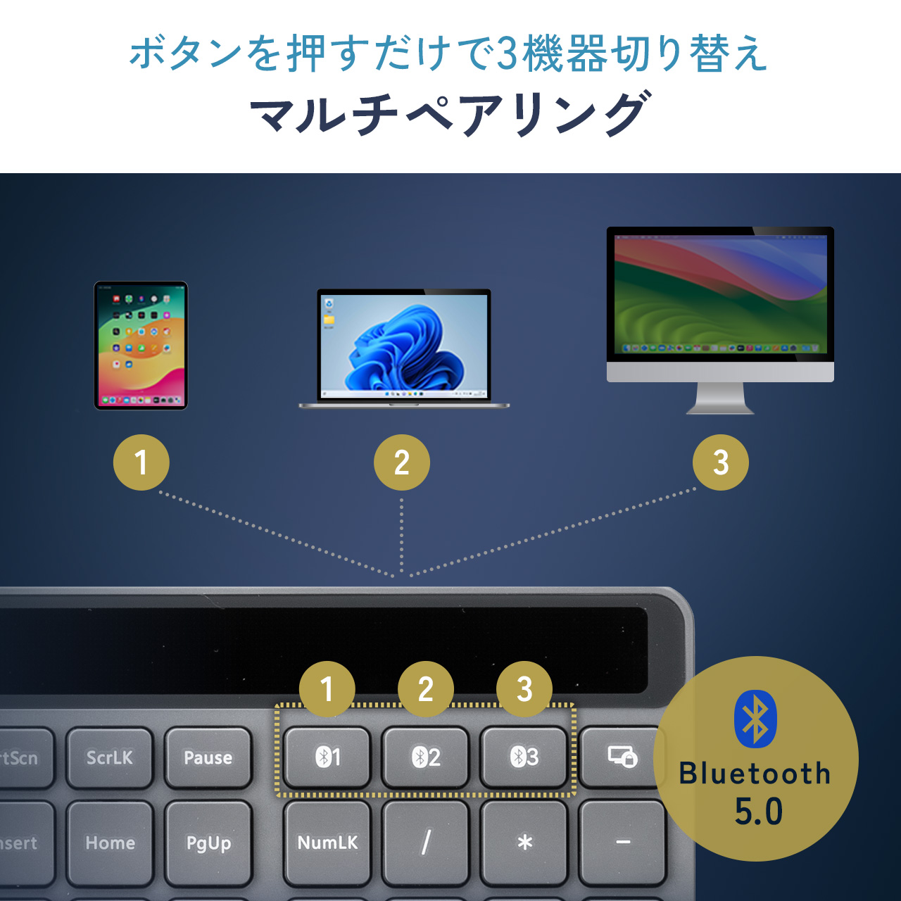 キーボード ソーラー 充電式 Bluetooth ワイヤレス ワイヤレスキーボード 無線 iPad iPhone テンキー付き 静音 マルチペアリング パンタグラフ 400-SKB077 | SANWA SUPPLY | 06