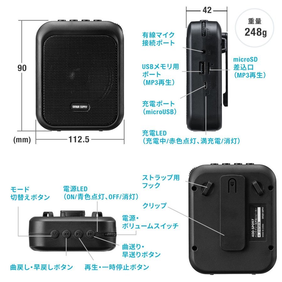 拡声器 小型 ハンズフリー スピーカー マイク 充電式 音楽再生可能 メガホン イベント ポータブル拡声器 :400-SP097:サンワダイレクト -  通販 - Yahoo!ショッピング