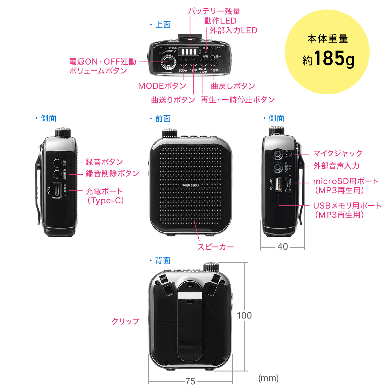 拡声器 小型 ハンズフリー ポータブル スピーカー マイク ヘッドセットマイク付  音楽再生 10W コンパクト USB充電器付 メガホン 携帯 イベント 選挙 400-SP105｜sanwadirect｜14