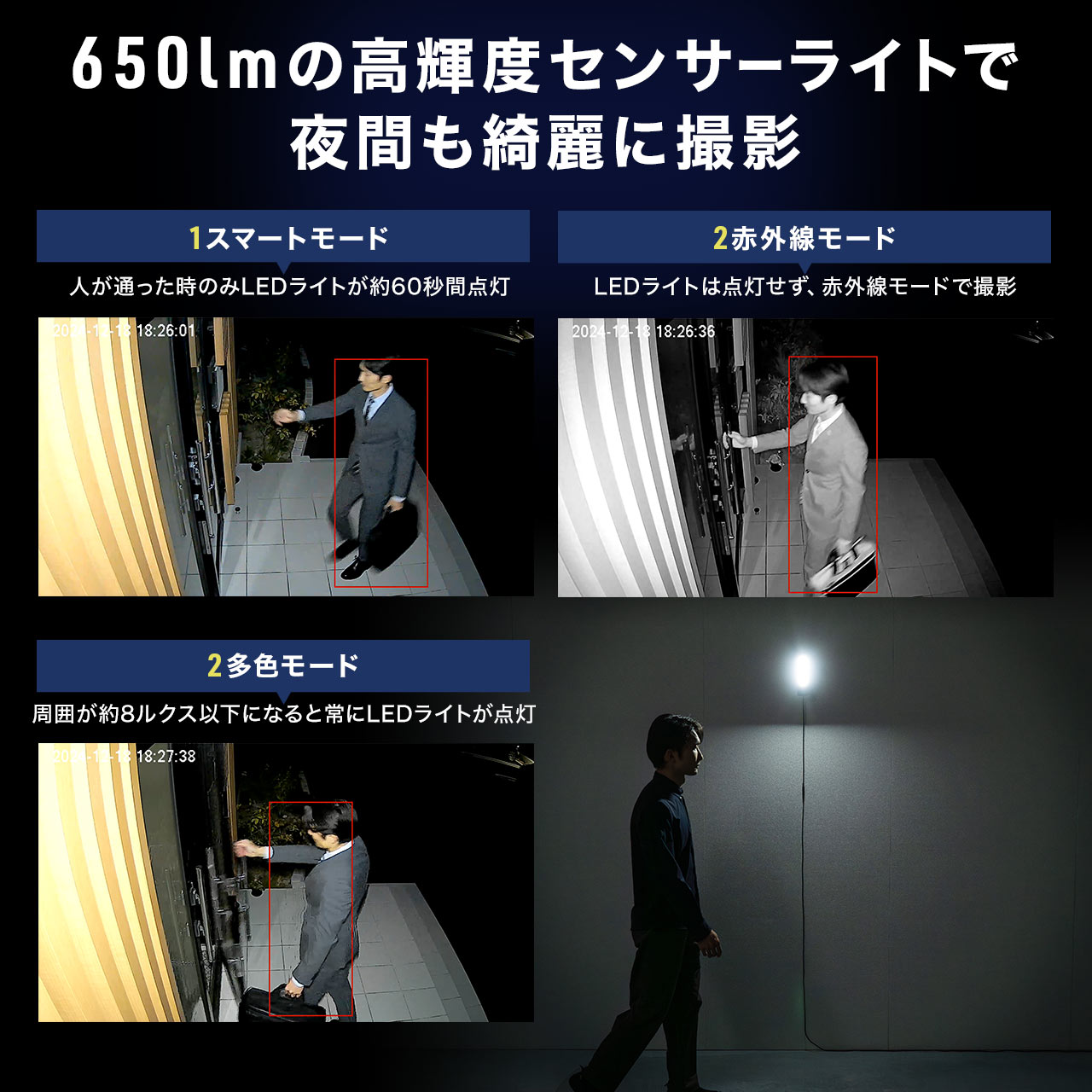防犯カメラ 屋外 室内 家庭用 ワイヤレス IP65 センサーライト 人感センサー 無線 録画 スマホ LED付 Wi-Fi 防犯 ペット 夜間撮影 動体検知 400-SSA011 | SANWA SUPPLY | 06