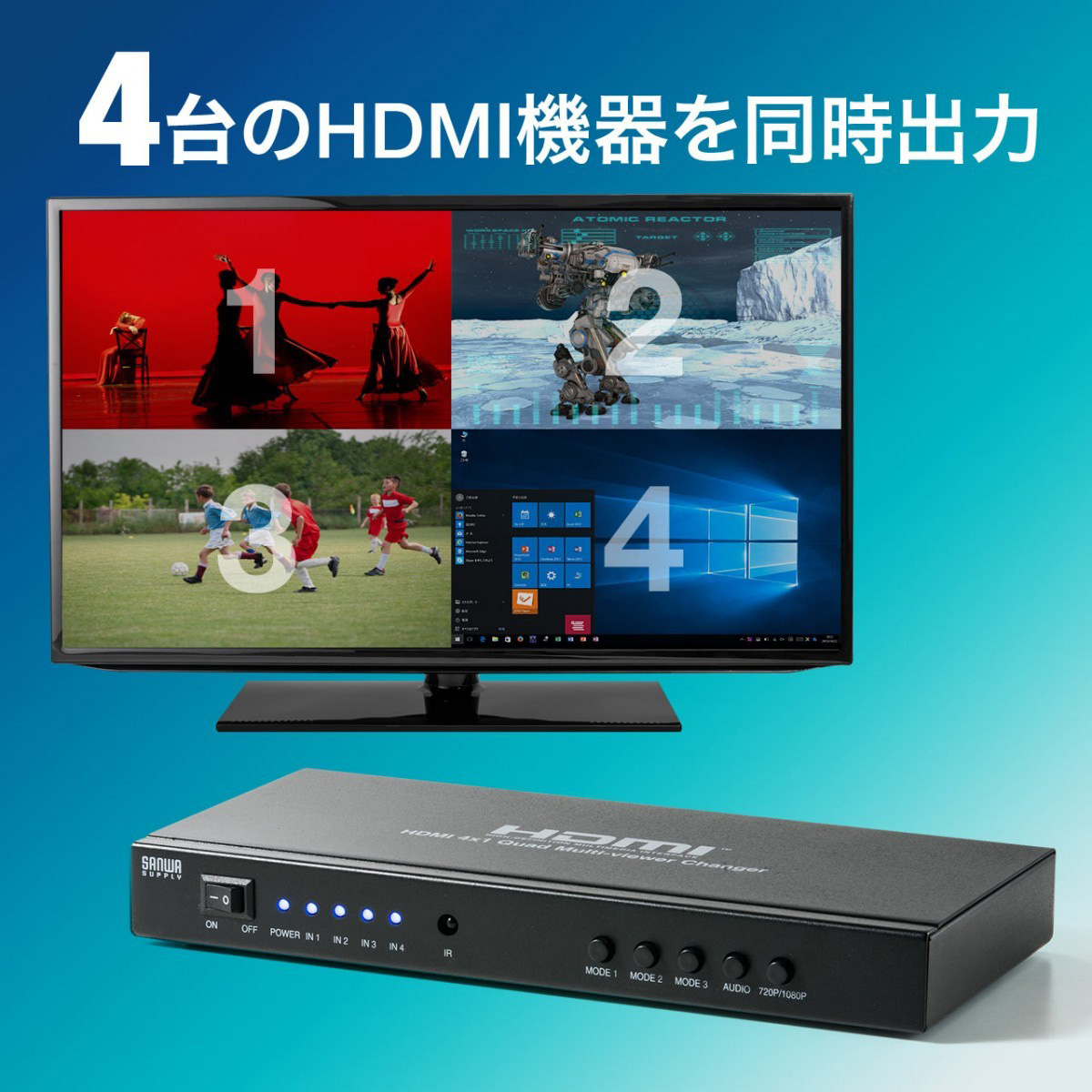HDMI切替器 4入力 1出力 HDMI セレクター 音声出力 同時出力 4画面分割 画面分割切替器 リモコン付き 400-SW030｜sanwadirect｜20