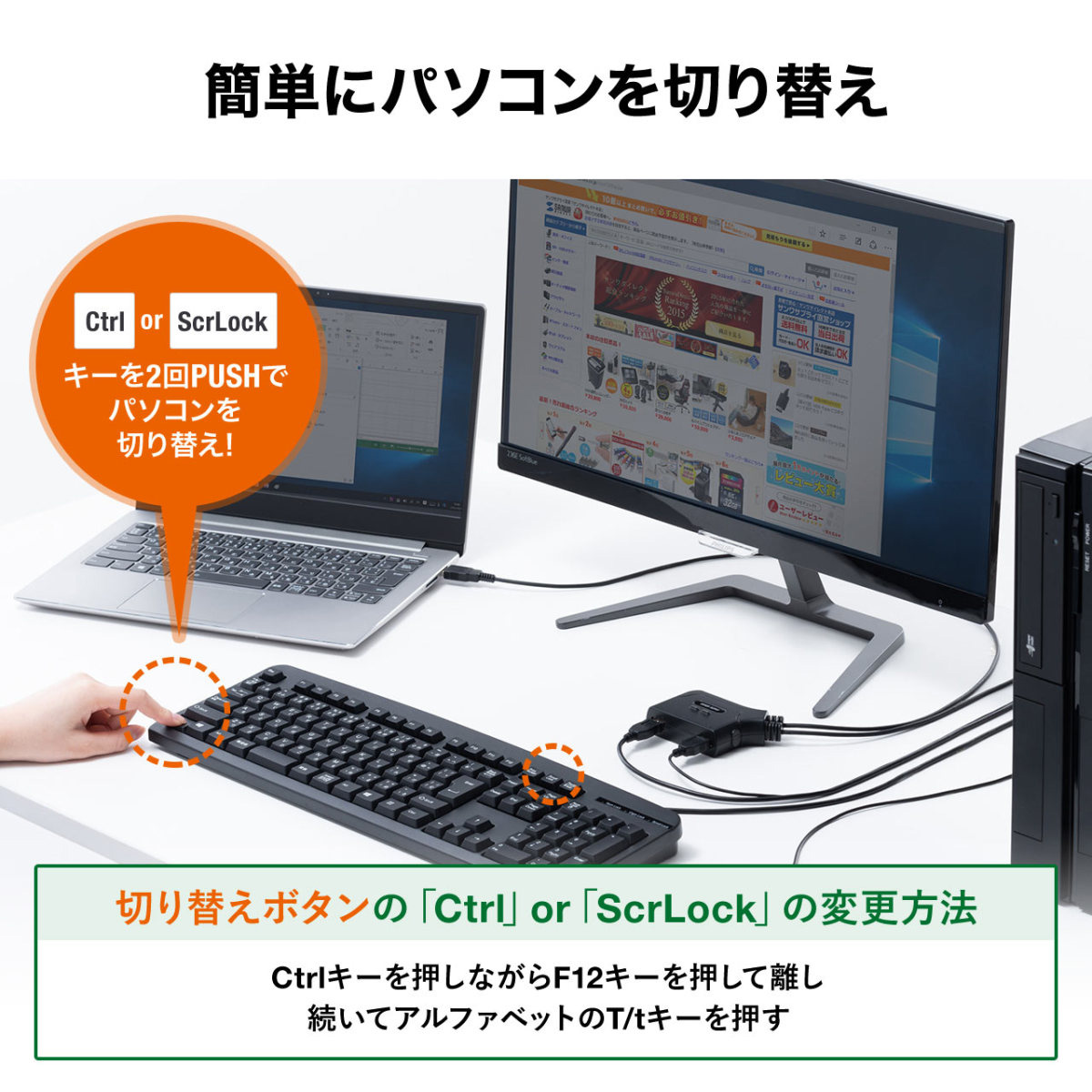 KVMスイッチ 2台切替 KVM切替器 パソコン切替器 USBキーボード USBマウス用 キーボードエミュレーション機能 専用ドライバー不要 電源不要 400-SW032 関連画像4