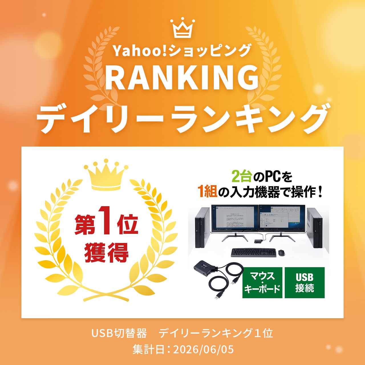 KVMスイッチ 2台切替 KVM切替器 パソコン切替器 USBキーボード USBマウス用 キーボードエミュレーション機能 専用ドライバー不要 電源不要 400-SW032 関連画像1