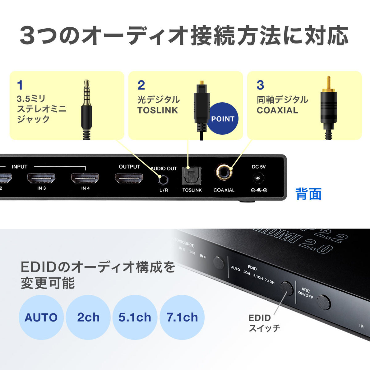 HDMI 切替器 セレクター 4入力1出力 ARC 4K 60Hz HDR HDCP2.2 光デジタル リモコン付き 手動 自動 切り替え 切替 選べる パソコン テレビ PS5 400-SW033｜sanwadirect｜13