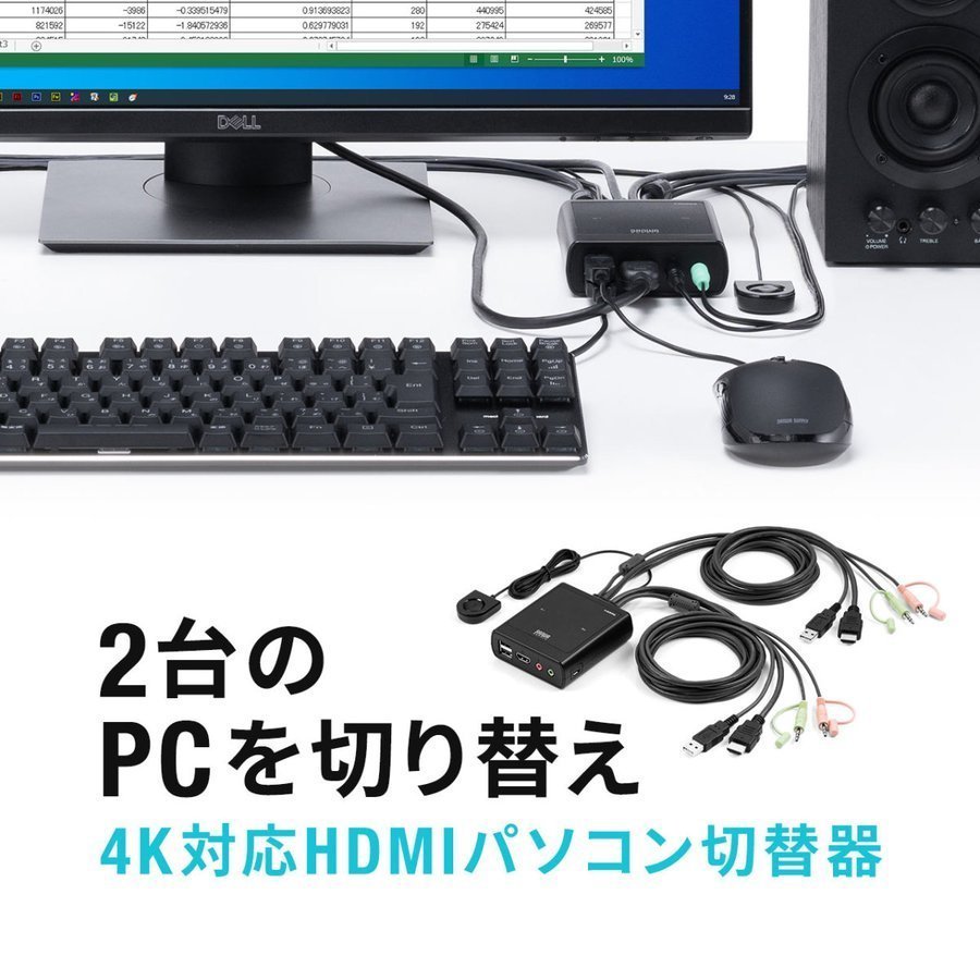 パソコン切替器 HDMI 2台 4K 60Hz KVMスイッチ USBキーボード USBマウス スピーカー マイク Windows macOS 手元スイッチ 電源不要 高解像度 対応 400-SW038｜sanwadirect