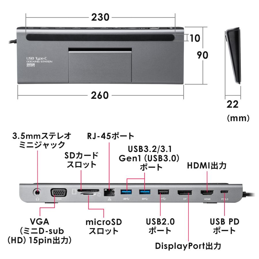 ドッキングステーション USB Type-C PD100W対応 USB3.2/3.1 Gen1 HDMI DisplayPort VGA 2画面同時出力 有線LAN カードリーダー ポート 拡張 増設 400-VGA017｜sanwadirect｜19