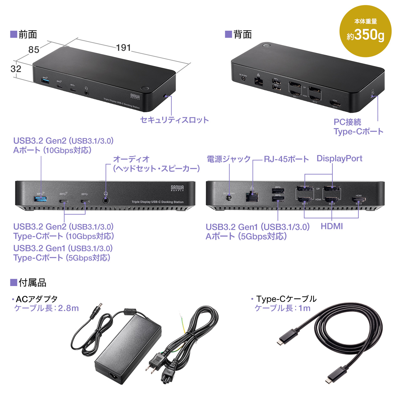 ドッキングステーション HDMI 3つ 3ポート 4K/60Hz DisplayPort 3画面 トリプルディスプレイ USB-C Type-C 接続 10in1 Win mac対応 LAN 拡張 増設 400-VGA023｜sanwadirect｜18