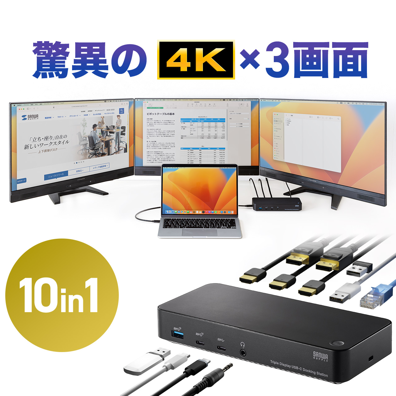 ドッキングステーション HDMI 3つ 3ポート 4K/60Hz DisplayPort 3画面 トリプルディスプレイ USB-C Type-C 接続 10in1 Win mac対応 LAN 拡張 増設 400-VGA023｜sanwadirect
