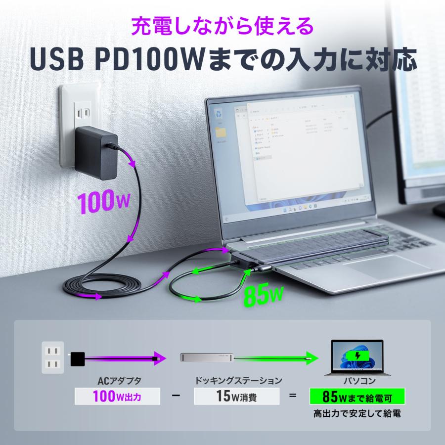 ドッキングステーション HDMI 2つ 2画面出力 4K 高解像度 高画質 USB-C Type-C USB PD100W対応 11in1 Win/Mac対応 ケーブル一体型 拡張 増設 400-VGA024｜sanwadirect｜07