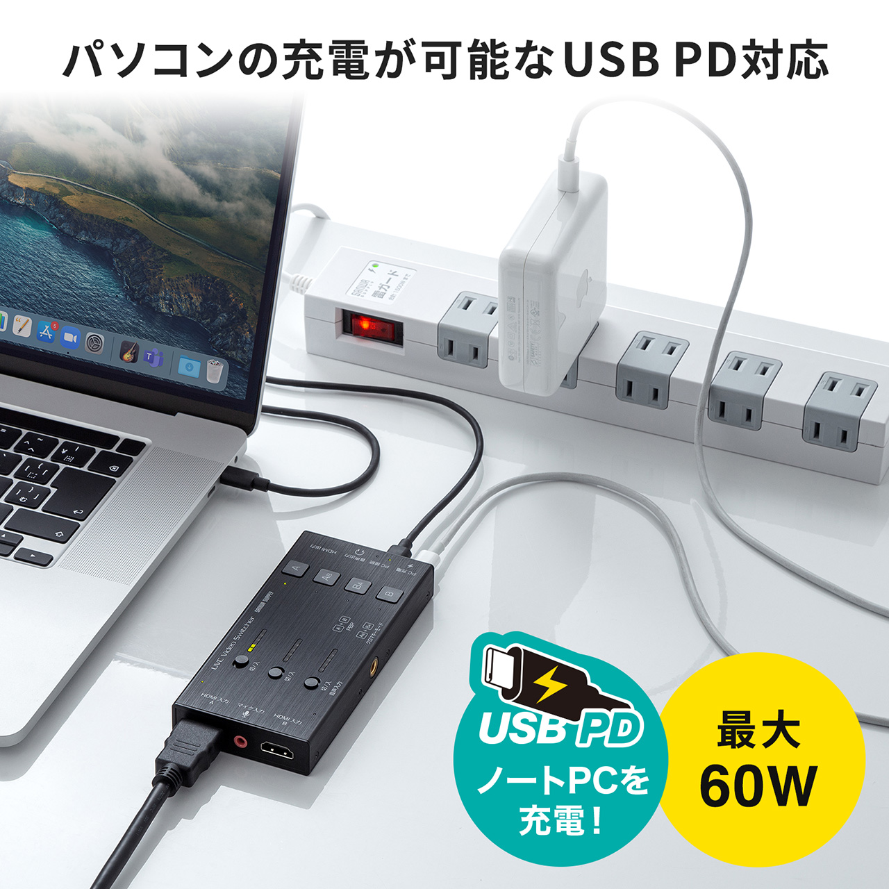 HDMIキャプチャー 2入力 2台映像同時配信 音声出力 USBPD60W対応