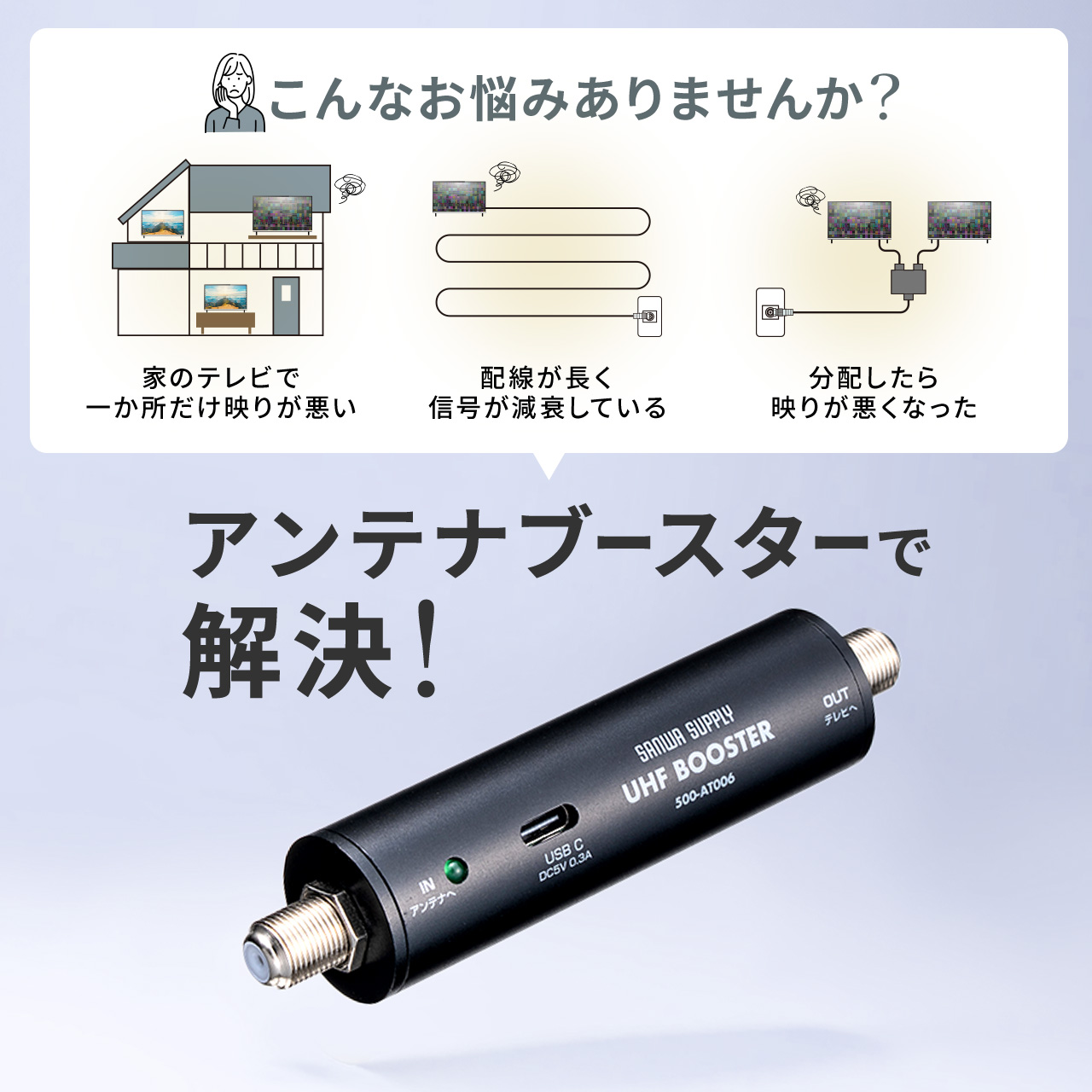 アンテナブースター 地デジ専用 テレビ ノイズ 軽減 対策 改善 アンテナレベル USB給電 室内設置 コンパクト 小型 簡単 設置 ケーブル付属 500-AT006 関連画像1