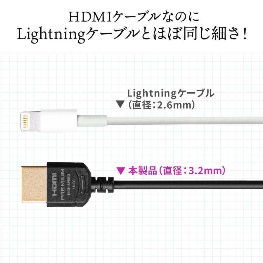 プレミアムHDMIケーブル スリム コネクタ 極細 直径約3.2mm 金メッキプラグ 3重シールド Premium HDMI認証取得品 4K/60Hz 18Gbps HDR対応 1.5m 500-HD026-15｜sanwadirect｜03
