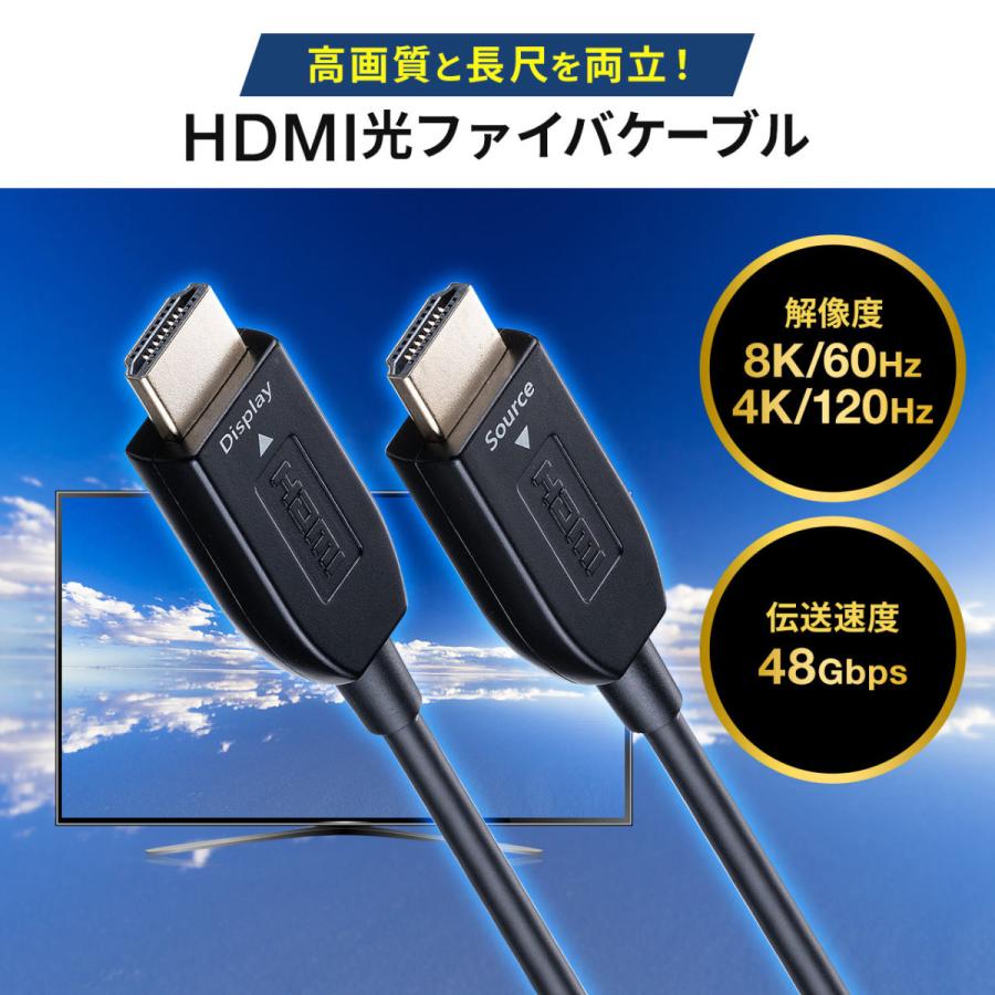 HDMIケーブル 20m 光ファイバー 高画質 8K/60Hz 4K/120Hz HDMI2.1 ARC対応 ノイズに強い 細い スリム 軽量 金メッキピン ゲーム PS5 500-HD027-20｜sanwadirect｜02