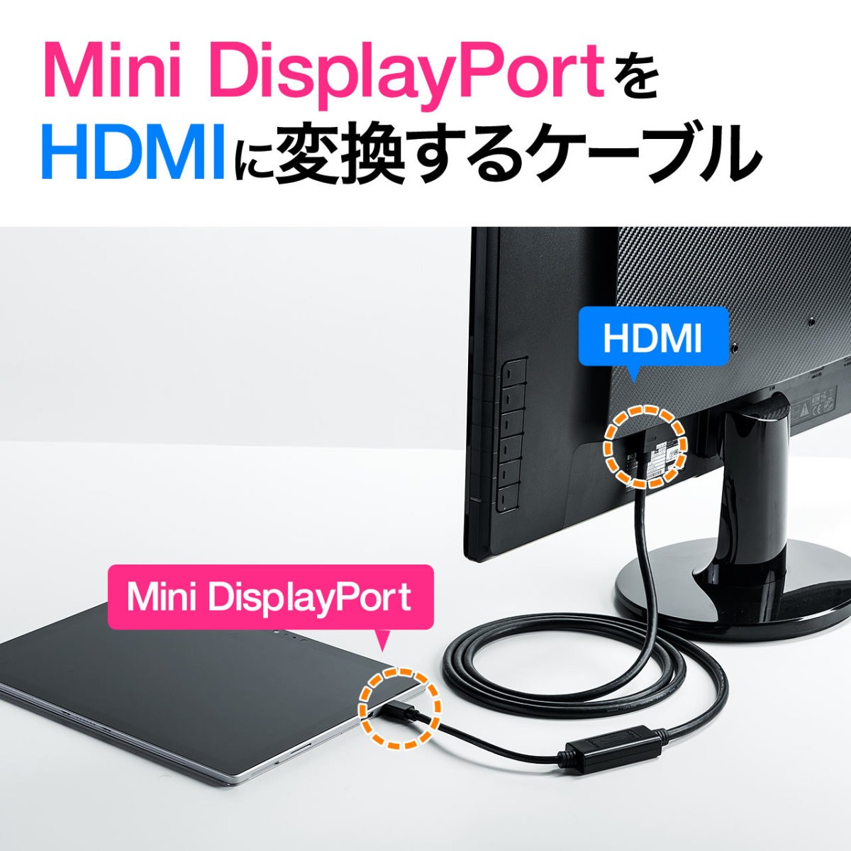 HDMI 変換 ケーブル ミニディスプレイポート HDMI Mini DisplayPort 変換ケーブル 2m MacBook Surface Pro 4 500-KC020-2｜sanwadirect｜02