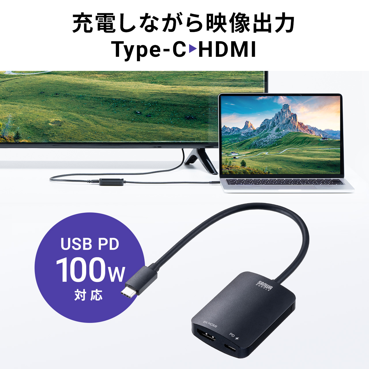 USB Type-C HDMI 変換アダプタ 8K/60Hz 4K/144Hz PD100W Switch スイッチ 対応 iPhone15 MacBook iPad Pro Air HDR  画面 拡張 複製 20cm 500-KC041｜sanwadirect｜02