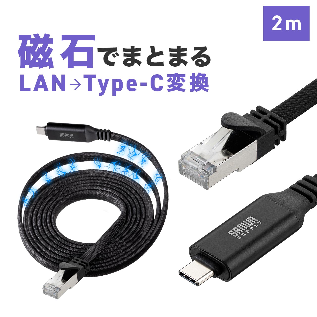 USB-C LAN �ϊ��P�[�u�� USB Type-C �J�e�S��6 1Gbps �M�K�r�b�g 2m ���΂ł܂Ƃ܂� �t���b�g�P�[�u�� �h���C�o�s�v MAC�A�h���X�p�X�X���[�Ή� 500-LAN6KCFL02