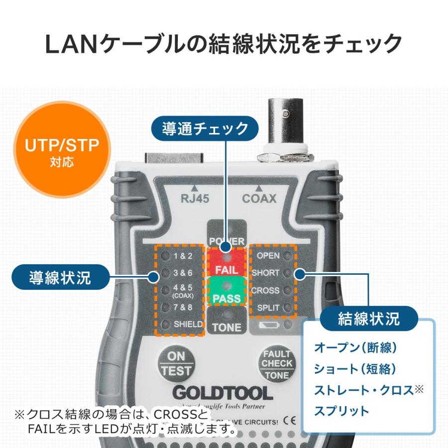LANテスター LAN 測定器 テスター LANケーブル カテ6A カテ7 カテ8 複合同軸ケーブル 導通テスト リモート対応 クリップ付き 500-LANTST2｜sanwadirect｜02