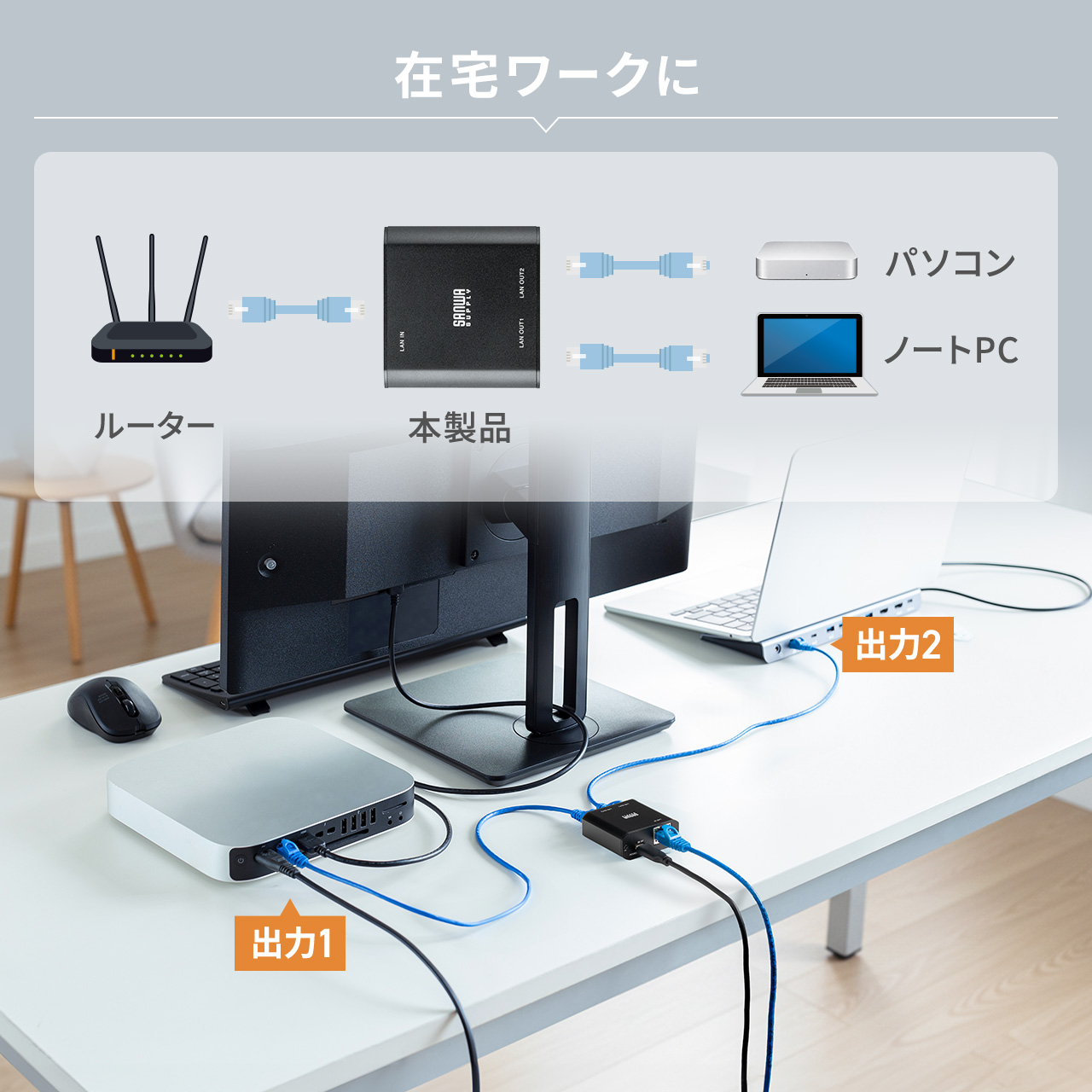 LANハブ 3ポート スイッチングハブ ハブ LAN ラン 拡張 増設 高速 安定 ギガビット USB Type-C USB-C 給電 超小型 アルミ コンパクト 小型 2分配 500-SWH012 | SANWA SUPPLY | 10