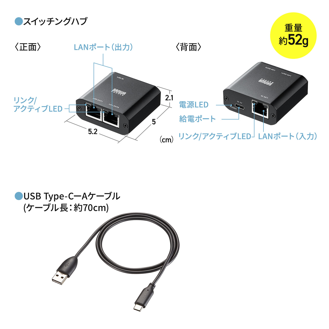 LANハブ 3ポート スイッチングハブ ハブ LAN ラン 拡張 増設 高速 安定 ギガビット USB Type-C USB-C 給電 超小型 アルミ コンパクト 小型 2分配 500-SWH012 | SANWA SUPPLY | 15